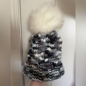 Barneys New York Women Faux Fur Pompom Beanie Knit Hat